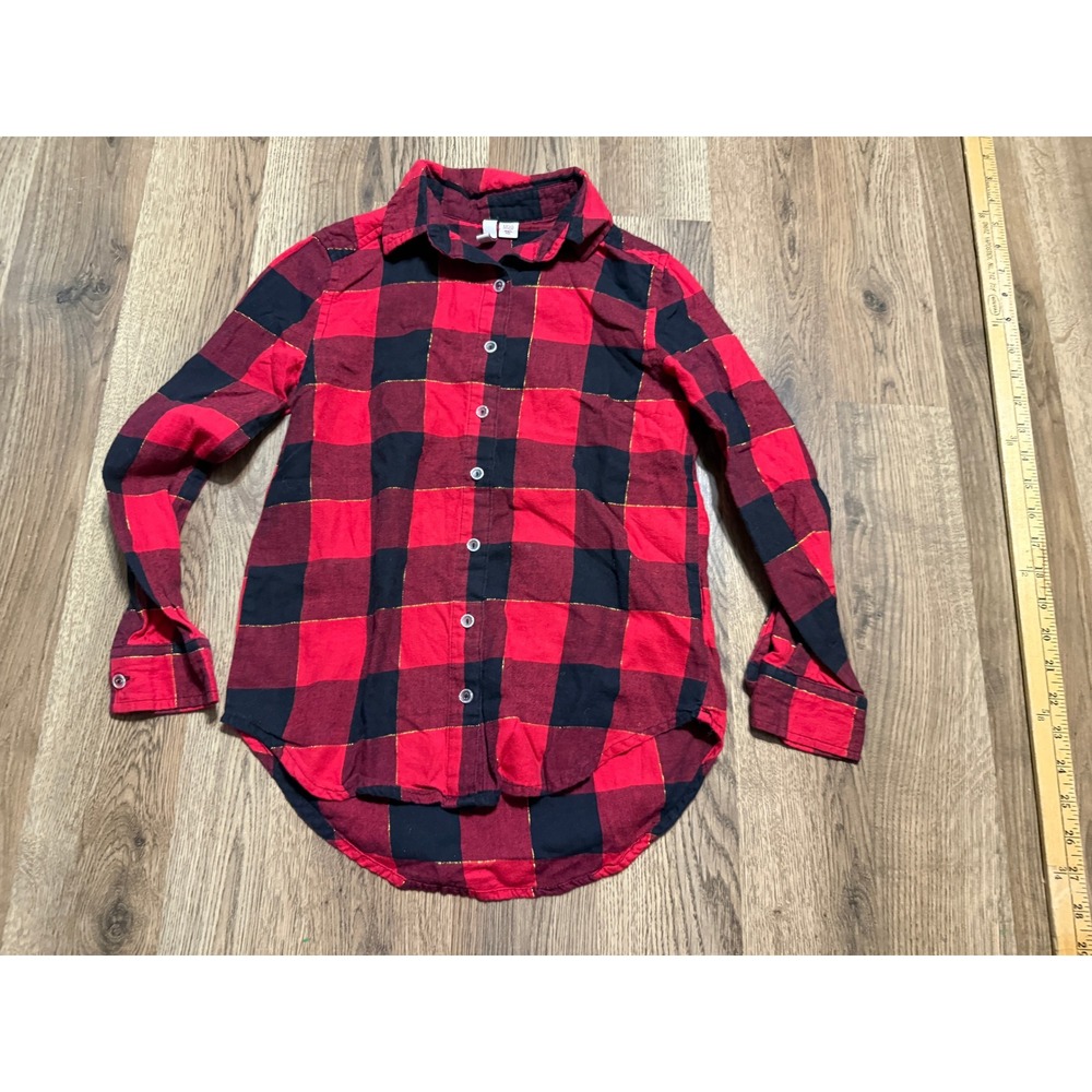 SO Shirt Girls M(8) Red Black Plaid Button Down Flannel Lurex Sparkle High Low